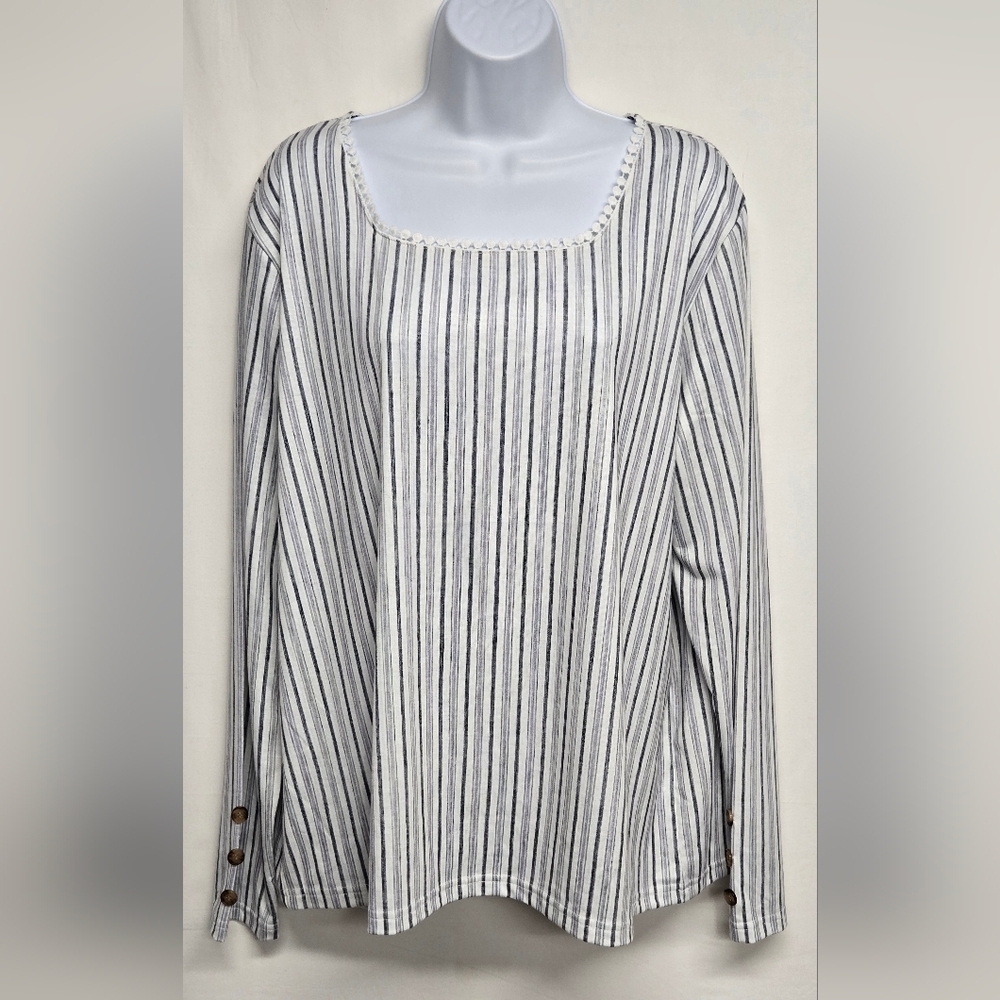 Exclusive XXL Striped Pullover Top Blouse Long Sleeve Stretch Gray White